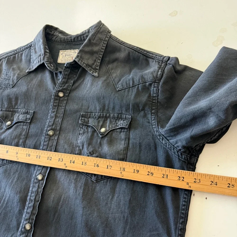 Polo Ralph Lauren Mens Distressed Western Shirt Black Cotton Linen Snap LARGE